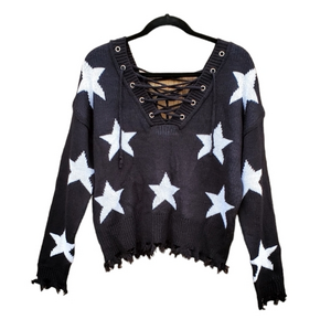 New Willow Moon Black Star‎ Sweater Rough Hems Small NWT